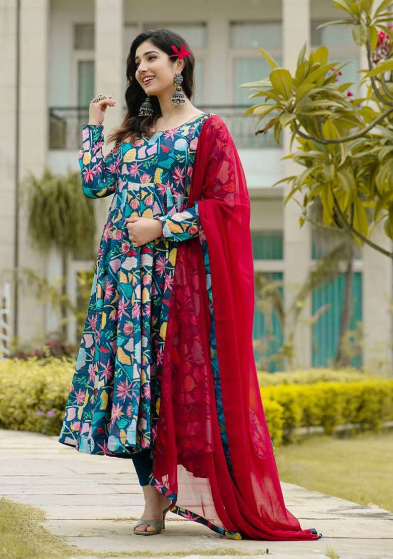 Multicolor Floral Print Muslin Anarkali Set - Indya