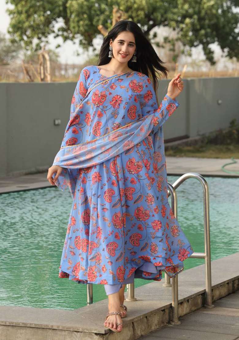 Sky Blue Floral Print Faux Blooming Anarkali Set - Indya