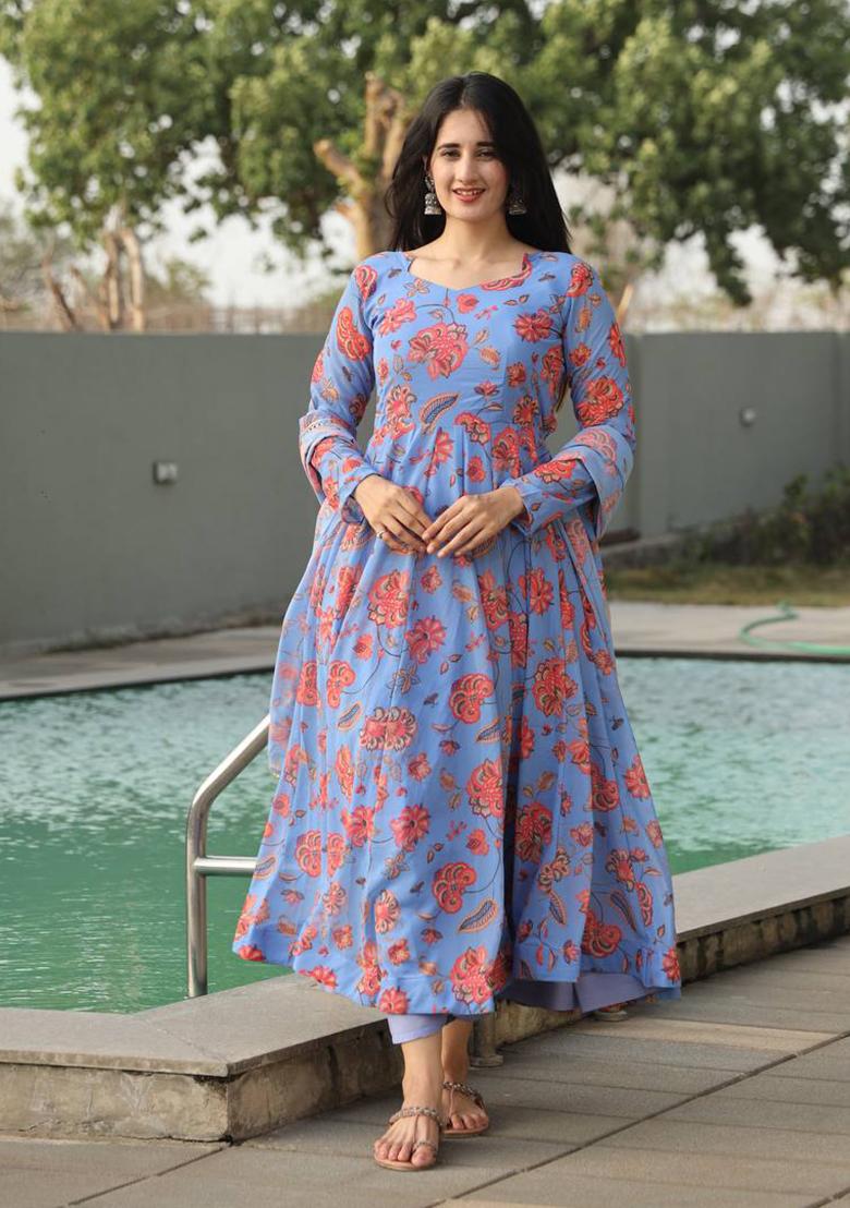 Sky Blue Digital Print Faux Georgette Kurta Set