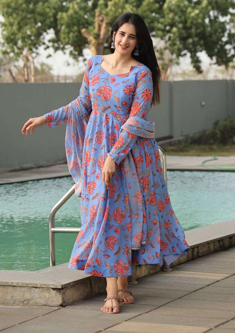 Sky Blue Floral Print Faux Blooming Anarkali Set - Indya