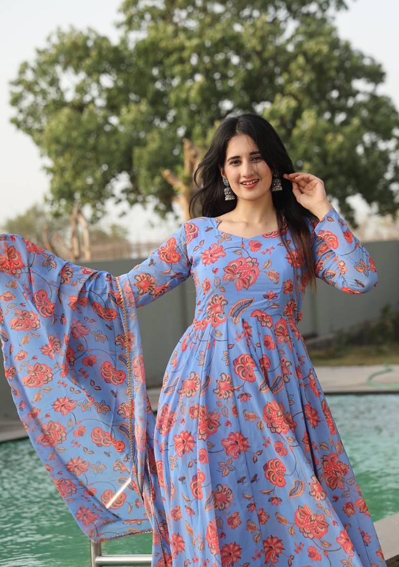 Sky Blue Digital Print Faux Georgette Kurta Set