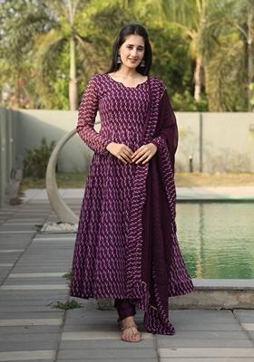 Wine Digital Print Georgette Kurta Set