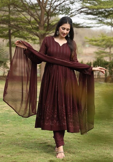 Wine Embroidered Georgette Kurta Set