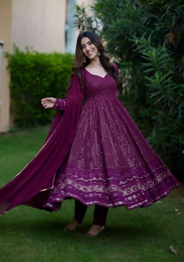 Purple Embroidered Faux Blooming Anarkali Set - Indya