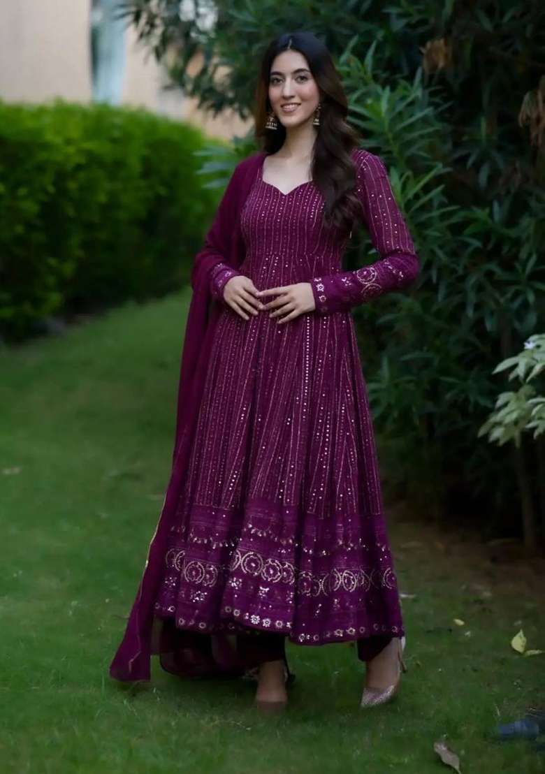 Purple Embroidered Faux Blooming Anarkali Set - Indya