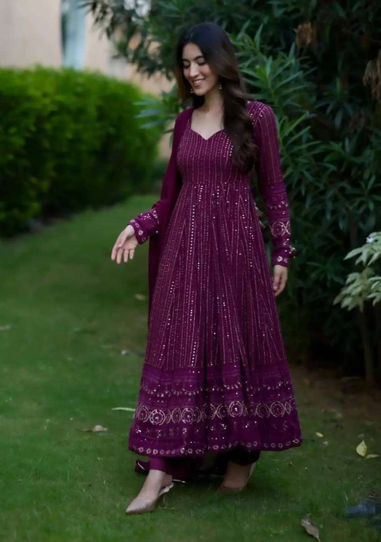 Purple Embroidered Faux Blooming Anarkali Set - Indya