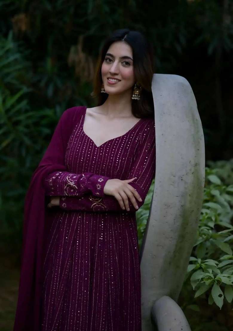 Purple Embroidered Faux Blooming Anarkali Set - Indya