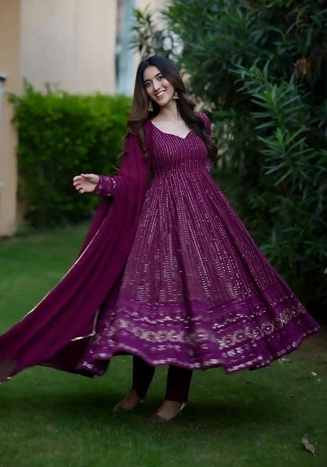 Purple Embroidered Faux Blooming Kurta Set