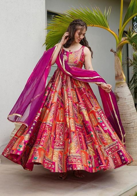 Purple Digital Print Organza Anarkali Gown With Dupatta