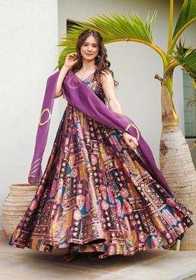 Multicolor Digital Print Organza Anarkali Gown With Dupatta