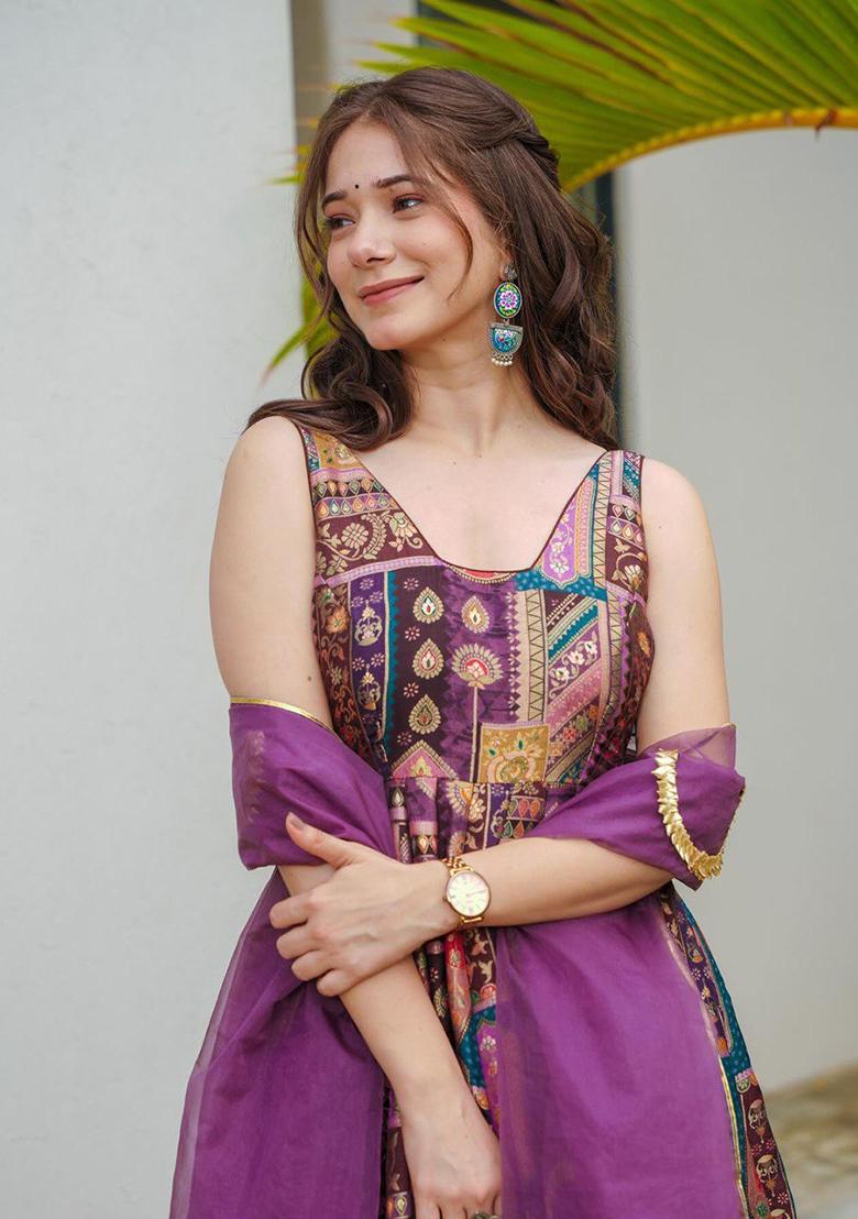 Multicolor Digital Print Organza Anarkali Gown With Dupatta