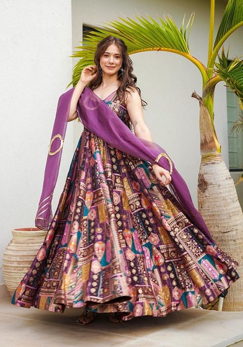 Multicolor Digital Print Organza Anarkali Gown With Dupatta