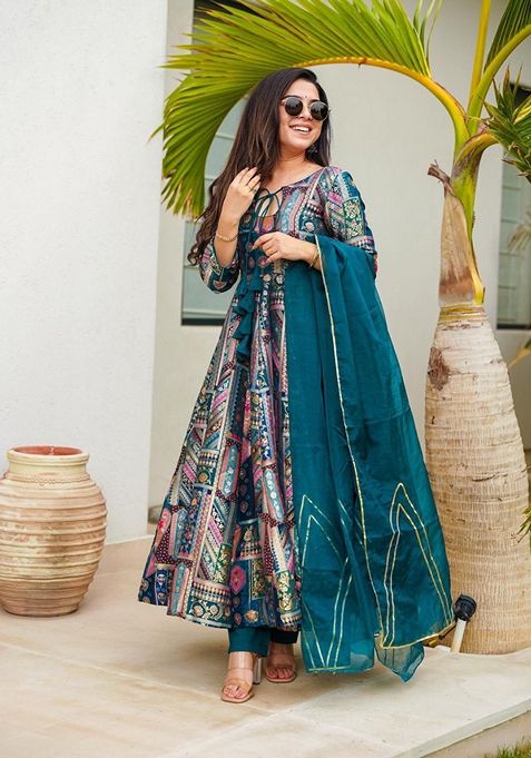 Blue Digital Print Organza Anarkali Gown With Dupatta