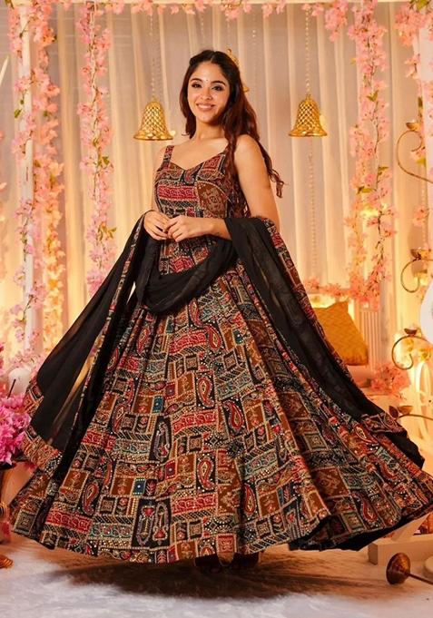 Black Digital Print Organza Anarkali Gown With Dupatta