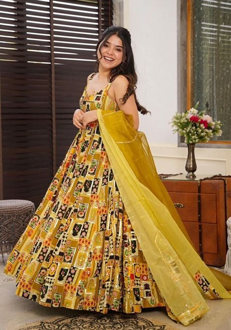 Yellow Digital Print Organza Anarkali Gown With Dupatta