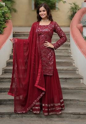 Maroon Sequin Embroidered Faux Georgette Sharara Set