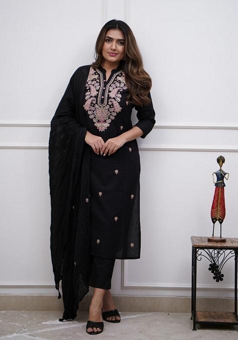 Black Embroidered Viscose Chanderi Kurta Set