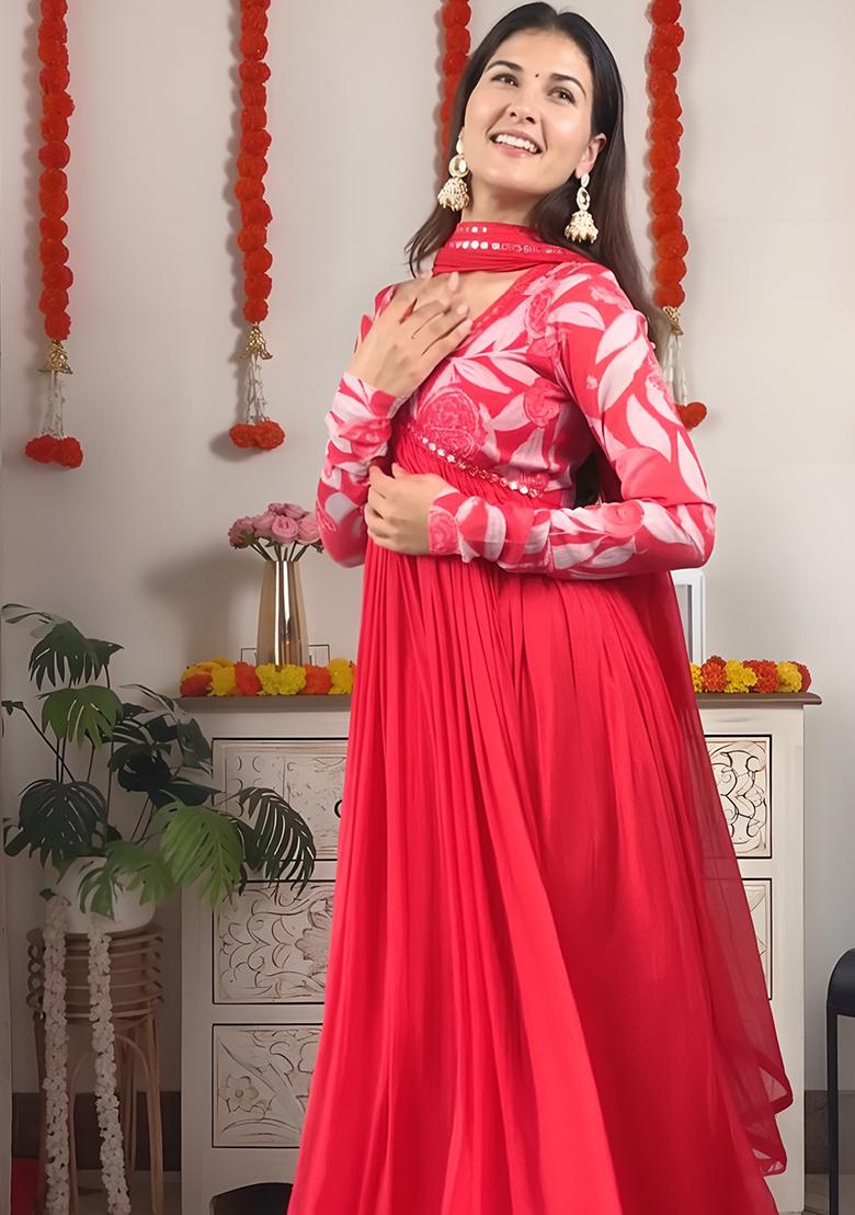 Red Digital print Georgette Anarkali Gown With Dupatta