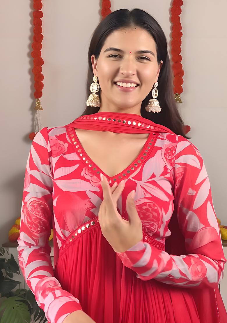 Red Digital print Georgette Anarkali Gown With Dupatta