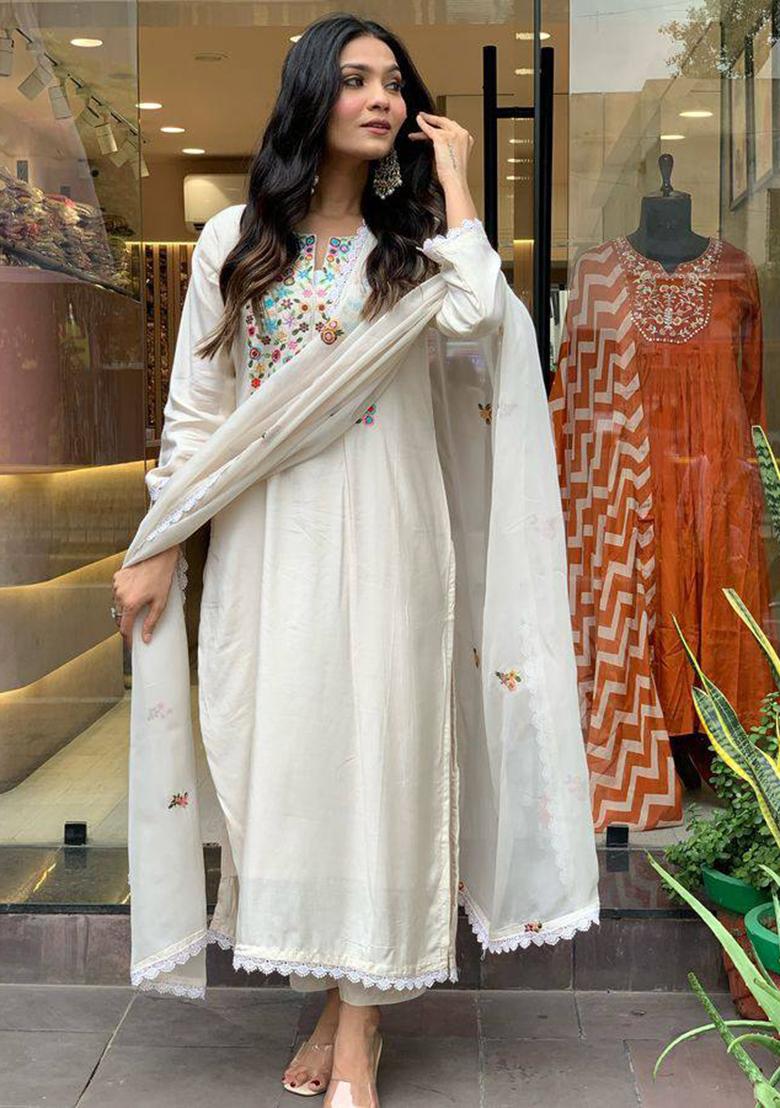 Cream Embroidered Viscose Chanderi Kurta Set