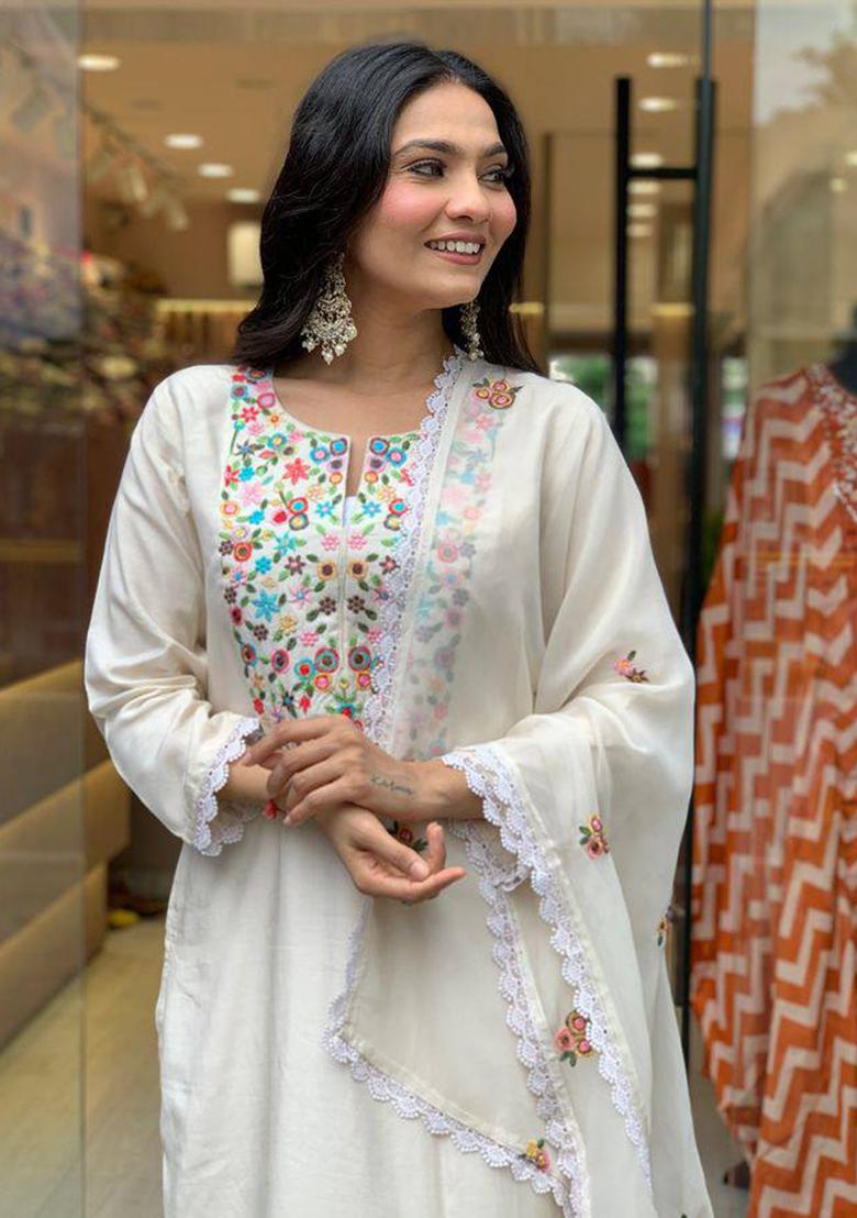 Cream Embroidered Viscose Chanderi Kurta Set