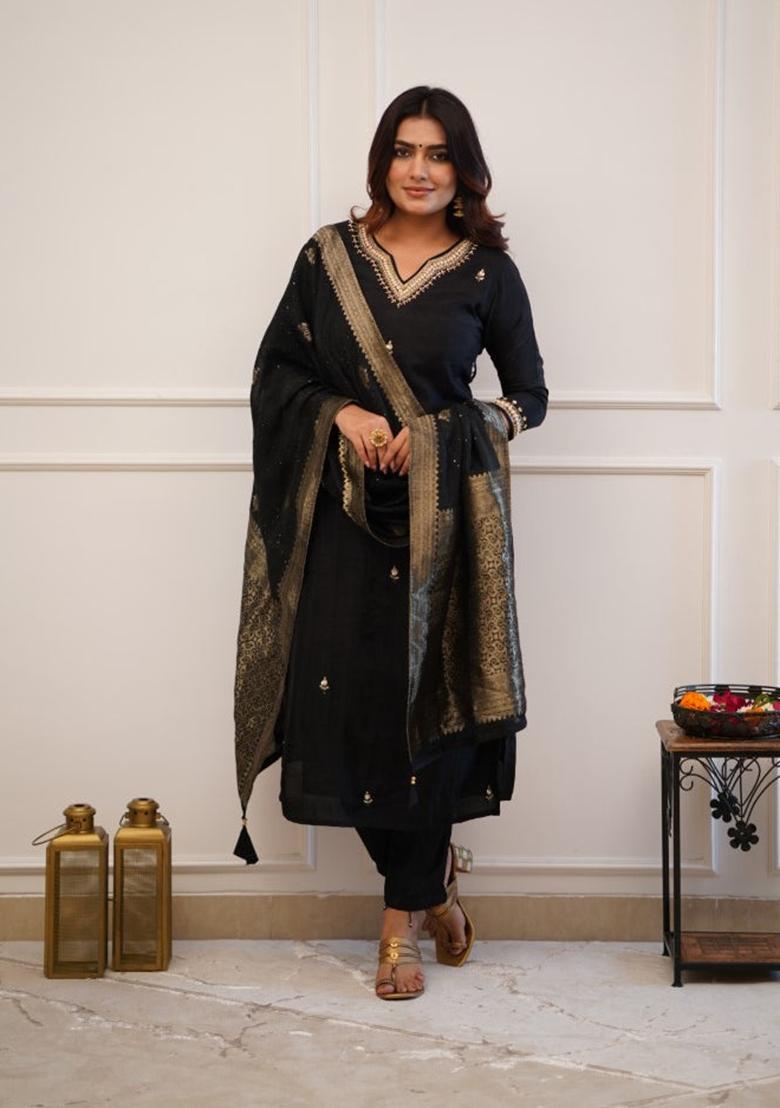 Black Embroidered Viscose Chanderi Kurta Set