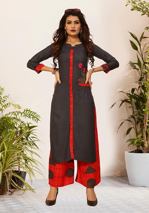 Grey Embroidered Rayon Kurta Set