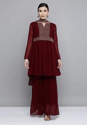 Maroon Sequin Embroidered Silk Georgette Sharara Set