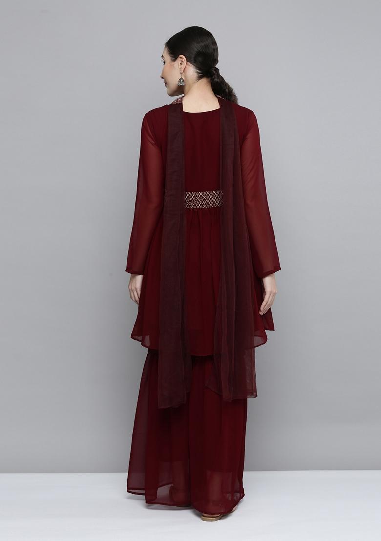 Maroon Sequin Embroidered Silk Georgette Sharara Set