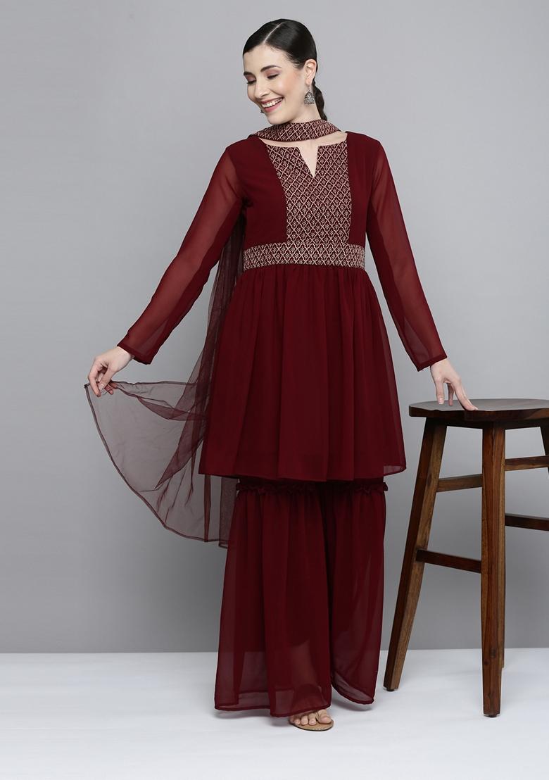 Maroon Sequin Embroidered Silk Georgette Sharara Set