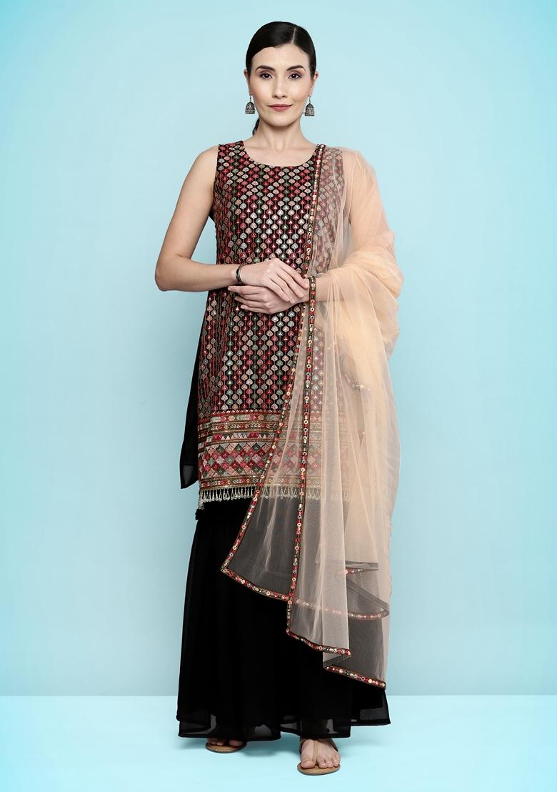 Black Sequin Embroidered Silk Georgette Sharara Set
