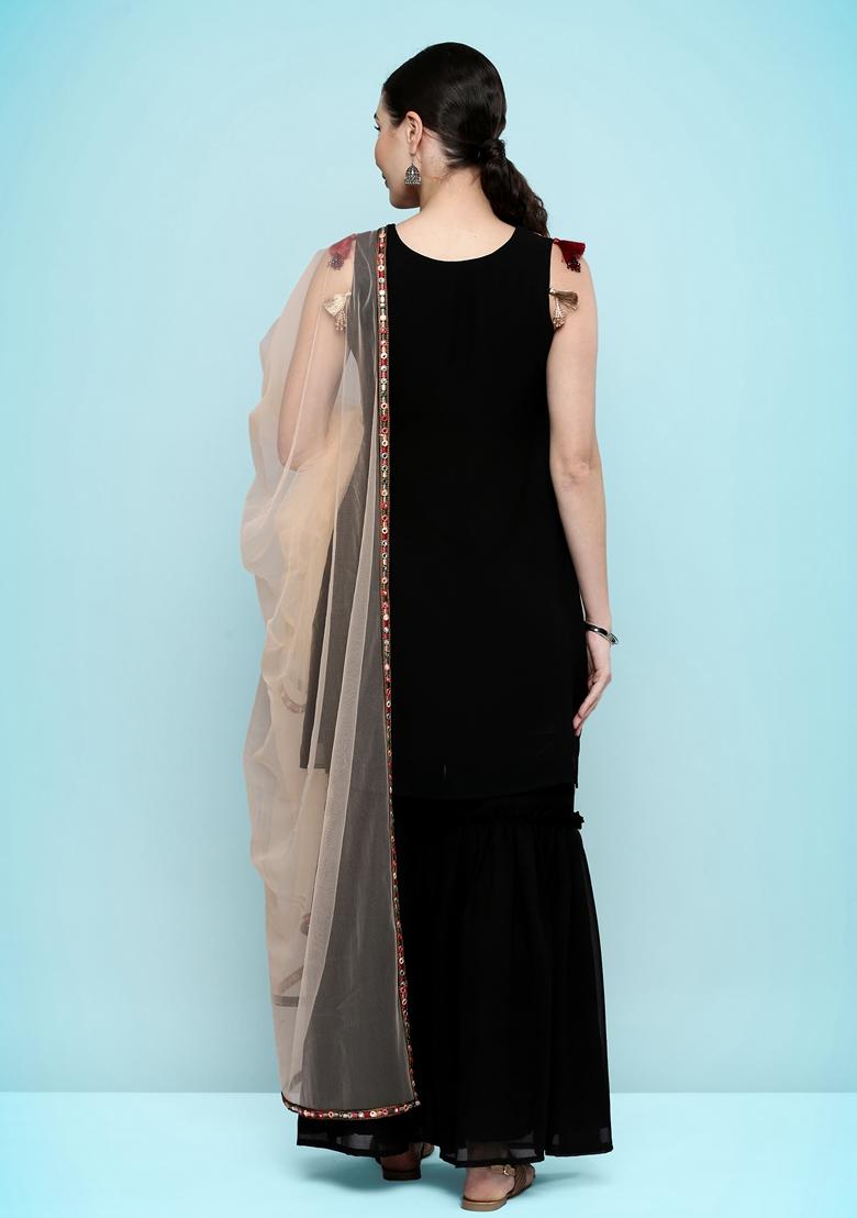 Black Sequin Embroidered Silk Georgette Sharara Set