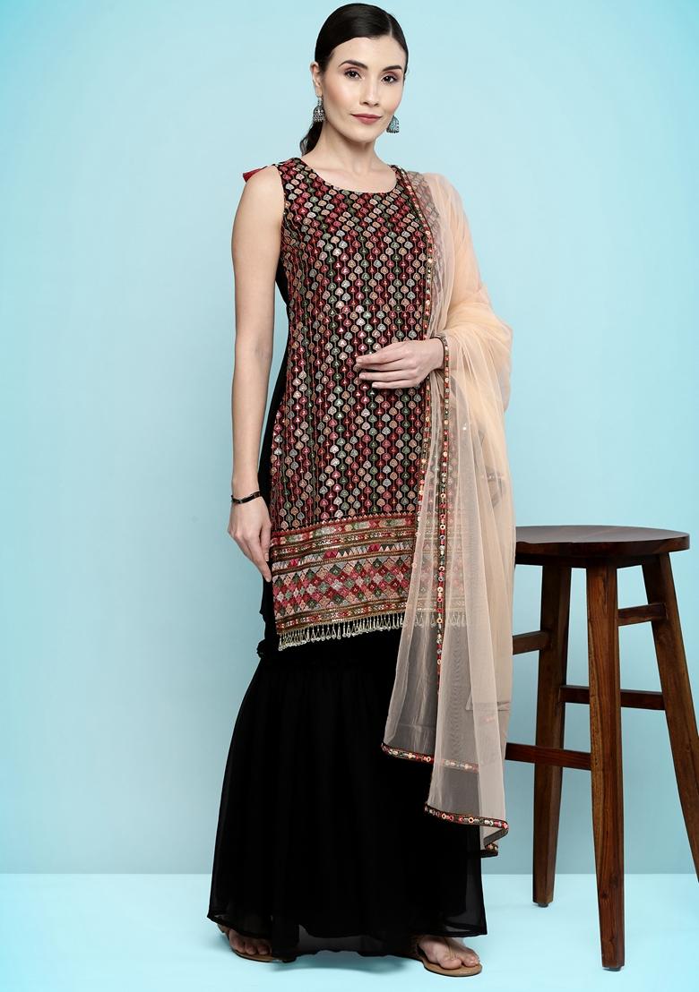 Black Sequin Embroidered Silk Georgette Sharara Set