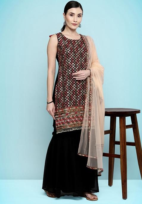 Black Sequin Embroidered Silk Georgette Sharara Set