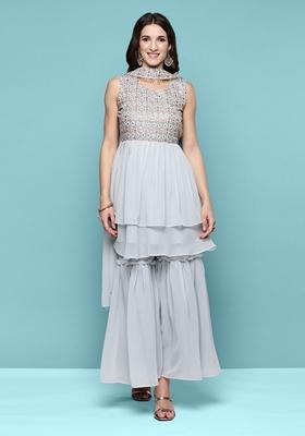 Grey Mirror Sequin Embroidered Georgette Sharara Set
