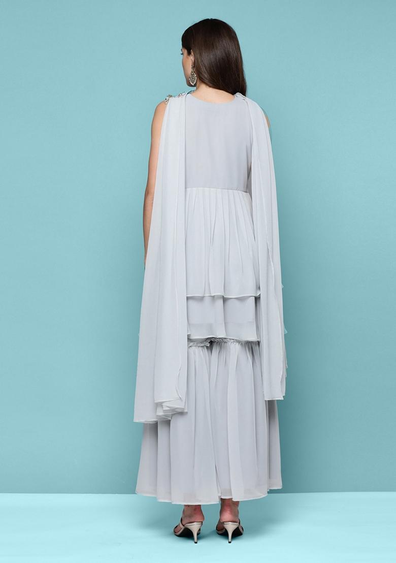 Grey Mirror Sequin Embroidered Georgette Sharara Set