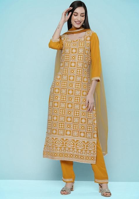 Mustard Yellow Zari Sequin Embroidered Georgette Kurta Set