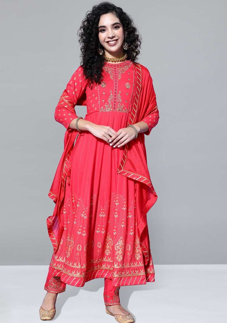 Red Embroidered Rayon Anarkali Set - Indya