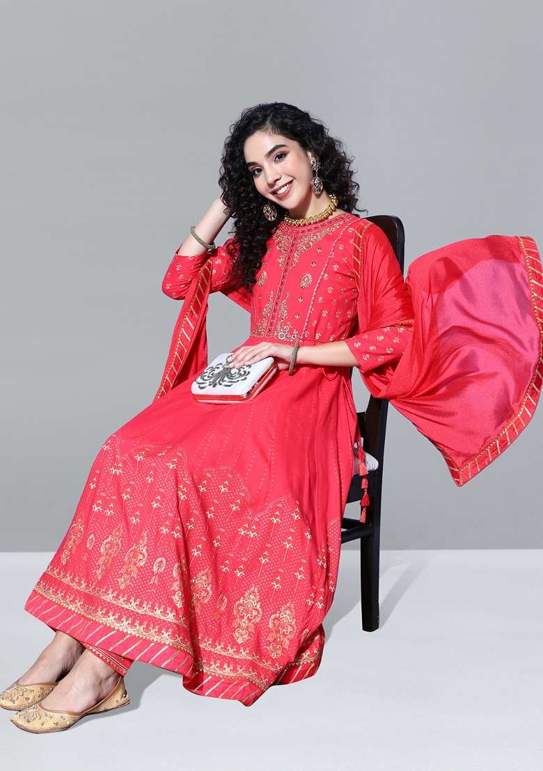 Red Embroidered Rayon Anarkali Set - Indya