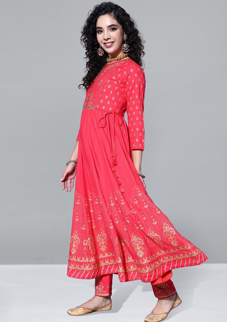 Red Zari Embroidered Rayon Kurta Set