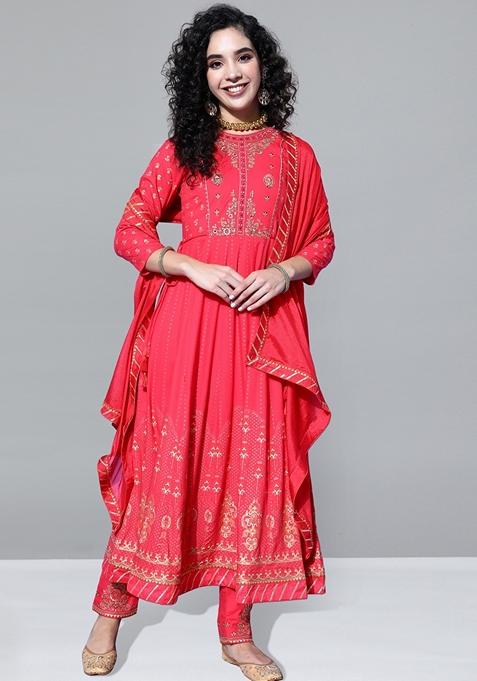 Red Zari Embroidered Rayon Kurta Set