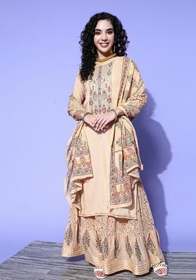 Light Brown Floral Print Embroidered Pure Cotton Kurta Set