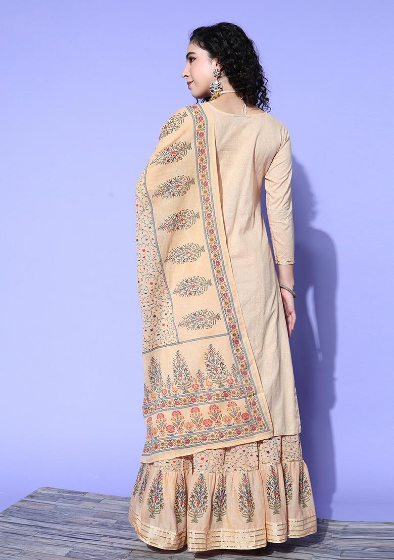 Light Brown Floral Print Embroidered Pure Cotton Kurta Set
