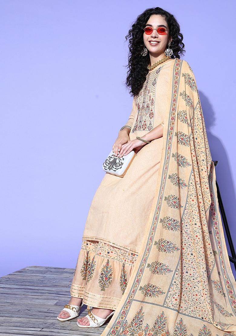 Light Brown Floral Print Embroidered Pure Cotton Kurta Set