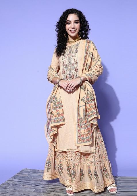 Light Brown Floral Print Embroidered Pure Cotton Kurta Set