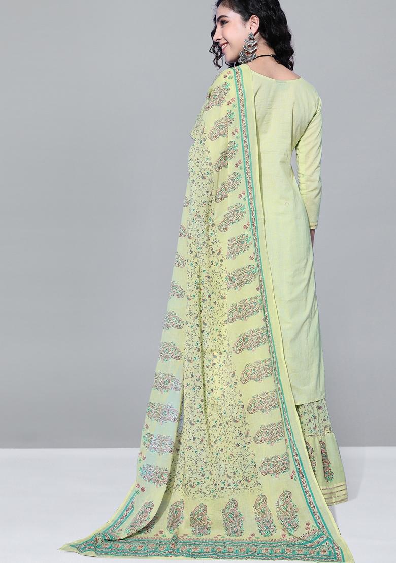 Green Floral Print Embroidered Pure Cotton Kurta Set