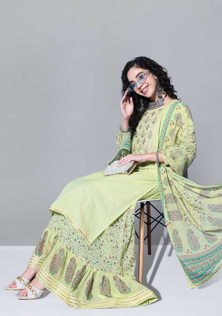 Green Printed Cotton Sharara Set - Indya