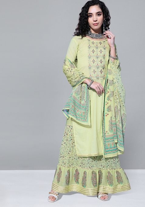 Green Floral Print Embroidered Pure Cotton Kurta Set