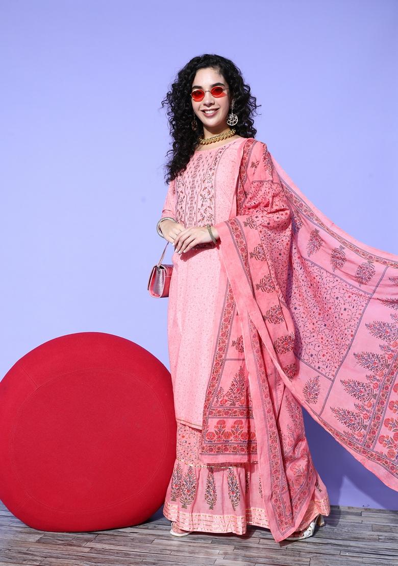 Pink Floral Print Embroidered Pure Cotton Kurta Set