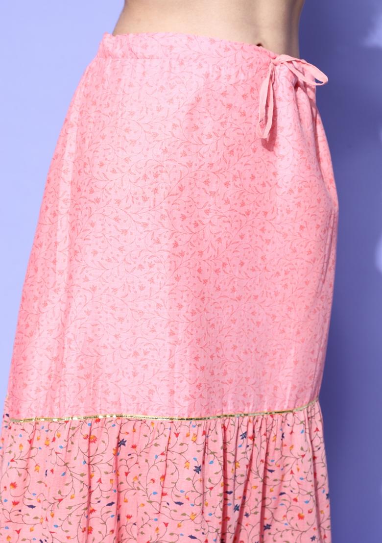 Pink Floral Print Embroidered Pure Cotton Kurta Set